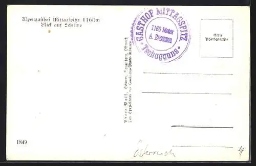 AK Schruns, Alpengasthof Mittagspitze mit Blick auf den Ort