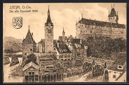 Künstler-AK Steyr, Ortsansicht aus dem Jahre 1584