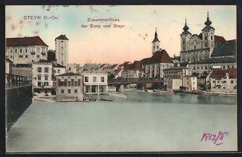 AK Steyr, Stadtansicht mit Zusammenfluss der Enns und Steyr