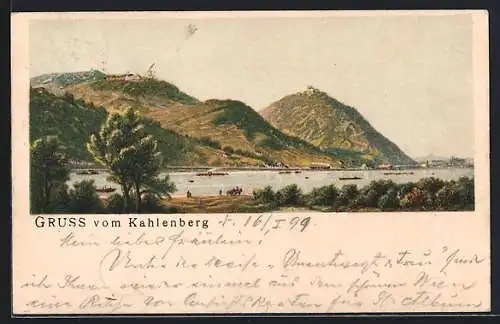 Lithographie Kahlenberg, Panorama mit Bäumen