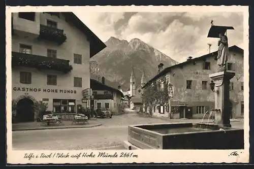 AK Telfs, Gasthof Hohe Munde mit Blick auf Hohe Munde