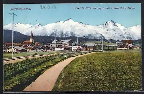 AK Seefeld an der Mittenwaldbahn, Ortsansicht gegen das Wettersteingebirge