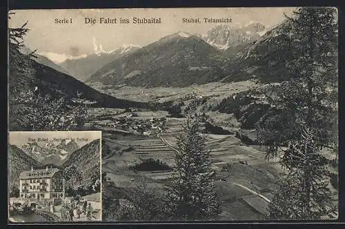 AK Telfes, Stubai, Totalansicht aus der Vogelschau, Hotel Serles