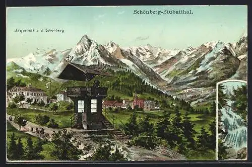 Künstler-AK Schönberg-Stubaithal, Hotel Jägerhof auf dem Schönberg, Wasserfall