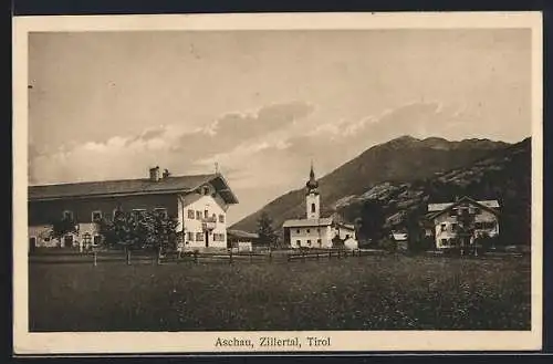 AK Aschau /Zillertal, Ortspartie mit Bergen