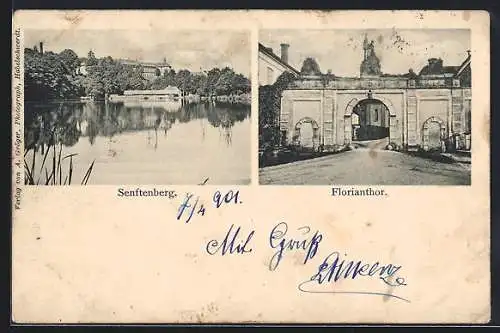 AK Senftenberg, Uferpartie mit Schloss, Floriantor