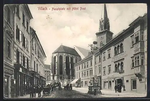 AK Villach, Hauptplatz mit Hotel Post und Kirche