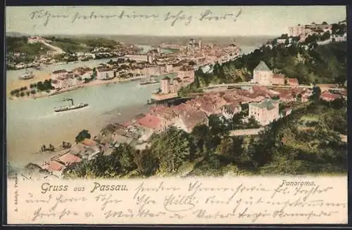 AK Passau, Panorama mit Dampfer