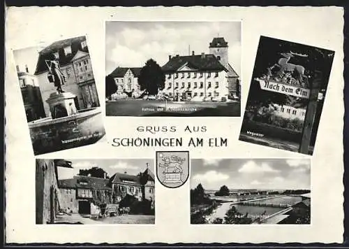 AK Schöningen am Elm, Rathaus, Burg und Wegweiser