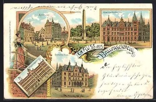 Lithographie Braunschweig, Kohlmarkt, Deutsches Haus und Husarenkaserne