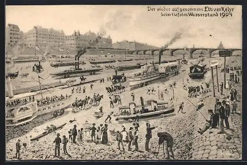 AK Dresden-Neustadt, wieder aufgenommen Elbverkehr beim tiefsten Wasserstand 1904