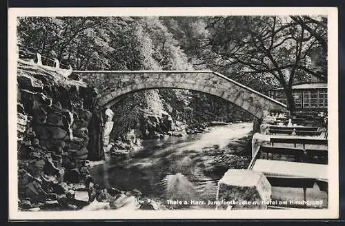 AK Thale a. Harz, Jungfernbrücke mit Hotel am Hirschgrund