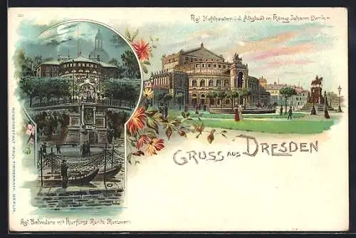 Lithographie Dresden, Kgl. Hoftheater in der Altstadt mit König Johann Denkmal