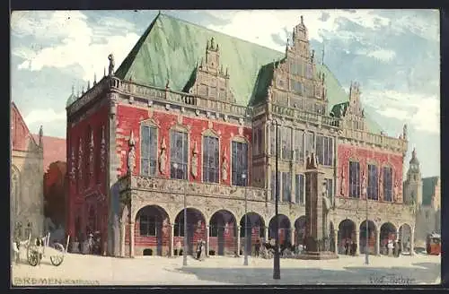 Künstler-AK Bremen, Rathaus mit Passanten