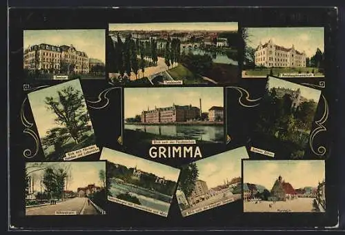 AK Grimma, Fürstenschule, Seminar, Amtshauptmannschaft, Leipziger Strasse, Köhlerstrasse, Eisenbahngleise, Marktplatz