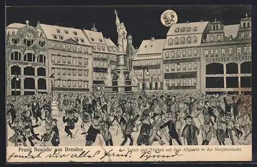 AK Dresden, Feiernde auf dem Altmarkt in der Neujahrsnacht