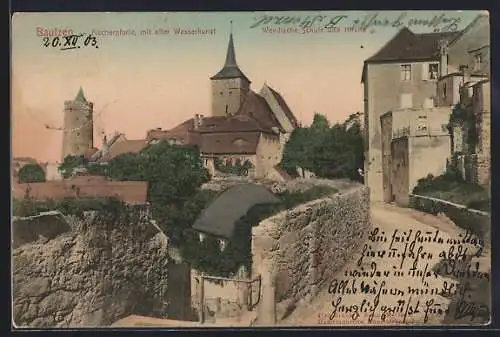 AK Bautzen, Fischerpforte und alte Wasserkunst, Wendische Schule und Kirche