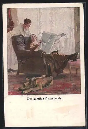 Künstler-AK Brynolf Wennerberg: Der günstige Heeresbericht, Mann im Sessel liest Zeitung mit Frau und Hund