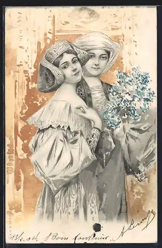 Künstler-AK Zwei junge Frauen in Mode des Mittelalters, Jugendstil