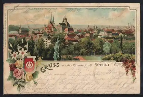 AK Erfurt, Panorama mit Wappen und Blumen