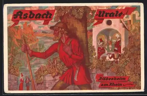 AK Rüdesheim am Rhein, Asbach-Uralt Reklame, Winzer nach der Weinlese