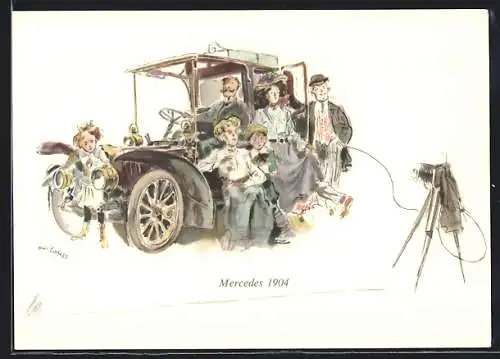 Künstler-AK Stolze Familie lässt sich vor ihrem Mercedes 1904 fotografieren