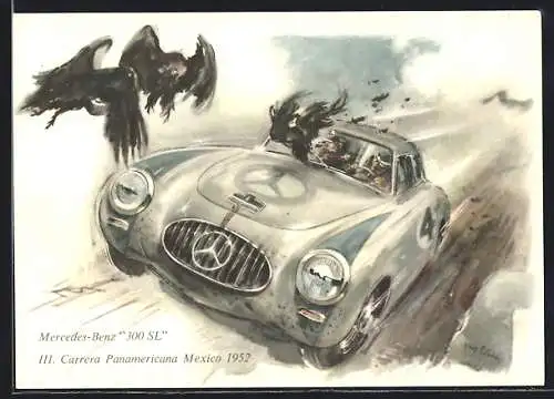 AK Mexico, III. Carrera Panamerica 1952, Mercedes Benz 300 SL rast Strasse entlang, Raben