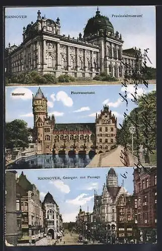 AK Hannover, Provinzialmuseum, Flusswasserkunst, Georgstrasse mit Passage