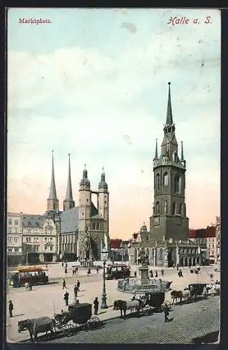 AK Halle a. S., Blick auf den Marktplatz mit Kutschen und Strassenbahn