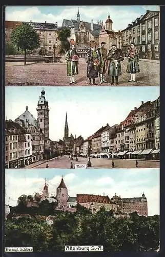 AK Altenburg / S.-A., Markt, Herzogl. Schloss, Altenburger Trachten