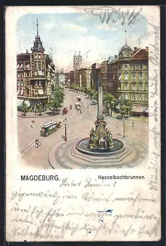 AK Magdeburg, Hasselbachbrunnen und Strassenbahn auf dem Hasselbachplatz