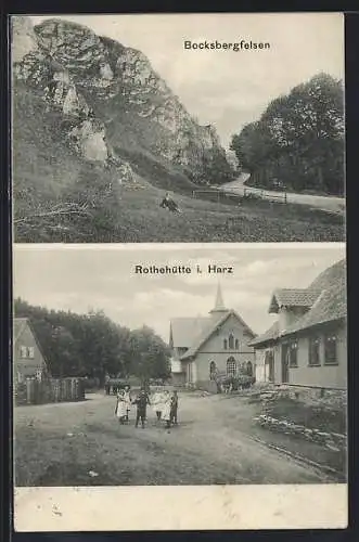 AK Rothehütte i. Harz, Strassenpartie mit Kirche, Bocksbergfelsen