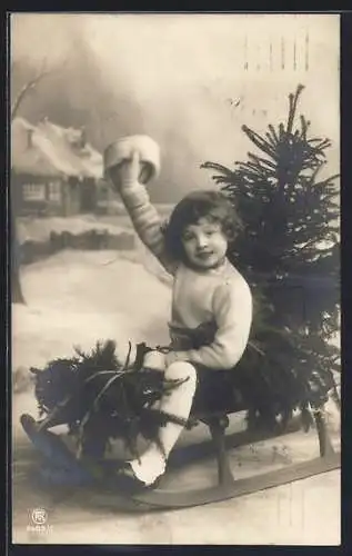 Foto-AK RPH NR: 2485 /5, Knabe mit Tannenbaum auf dem Schlitten in der Winterlandschaft