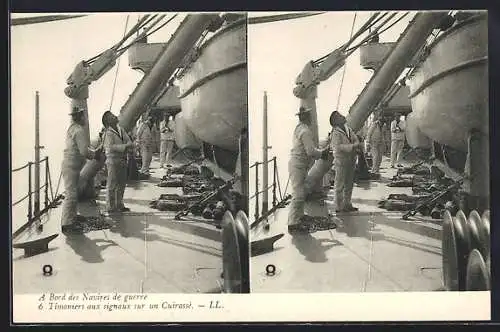 Stereo-AK A Bord des Navires de Guerre, Timoniers aux signeux sur un Cuirasse, Matrosen auf Kriegsschiff