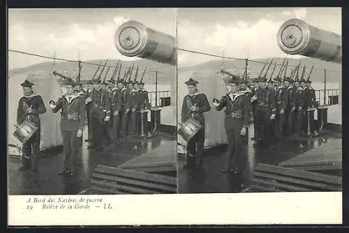 Stereo-AK A Bord des Navires de Guerre, Releve de la Garde, Matrosen auf Kriegsschiff