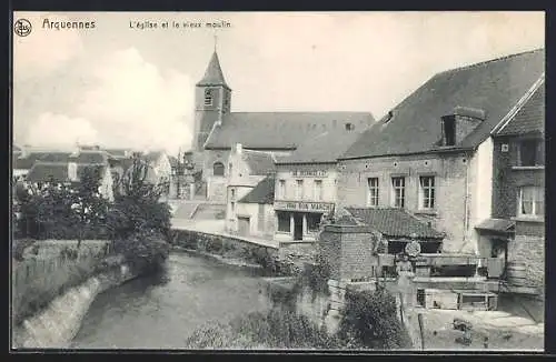 AK Arquennes, L`église et le vieux moulin