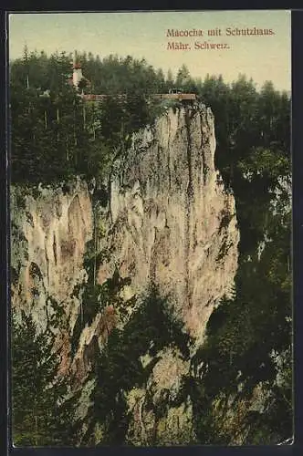 AK Macocha /Mähr. Schweiz, Schutzhaus über der steilen Felswand