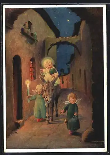 Künstler-AK Schönermark: Christkind und Engel in Ortschaft