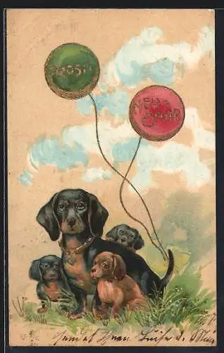 Lithographie Dackel mit Jungen auf einer Wiese, Luftballons, Neujahr