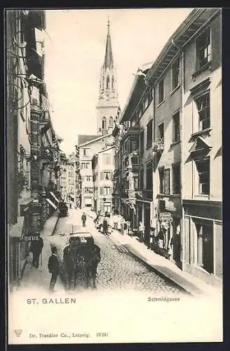 AK St. Gallen, Partie in der Schmidgasse, Blick zum Kirchturm