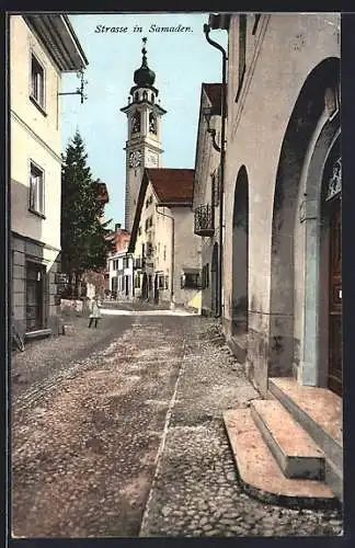 AK Samaden, Strassenpartie mit Uhrenturm