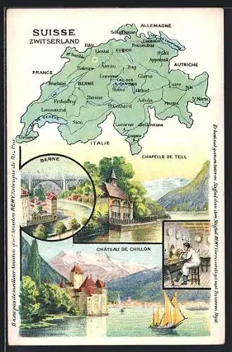 Lithographie Berne, Chapelle de Tell, Château de Chillon, Landkarte der Schweiz