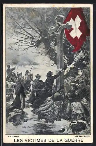 AK Les Victimes de la Guerre, schweizer Frauen klagen an einem Kreuz mit Nationalflagge