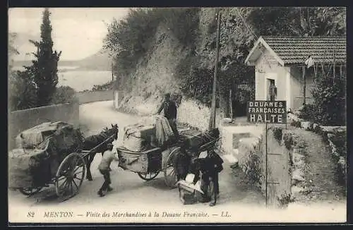 AK Menton, Visite des Marchandises à la Douane Francaise, Zollkontrolle an der Grenze