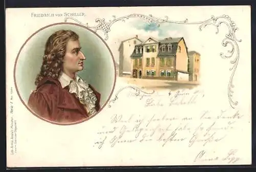 AK Weimar, Dichter Friedrich von Schiller, Portrait und Wohnhaus