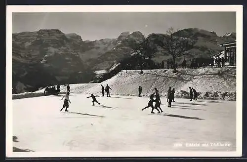 AK Braunwald, Eisfeld mit Schlittschuhläufern gegen die Tödikette