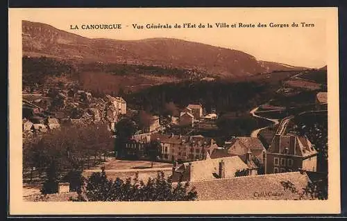 AK La Canourgue, Vue générale de l`Est de la ville et Route des Gorges du Tarn