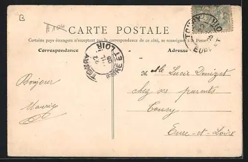 AK Toury, Souvenir avec montage de vues locales et fleurs décoratives