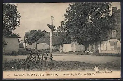 AK Feucherolles, la Place avec croix et bâtiments rustiques