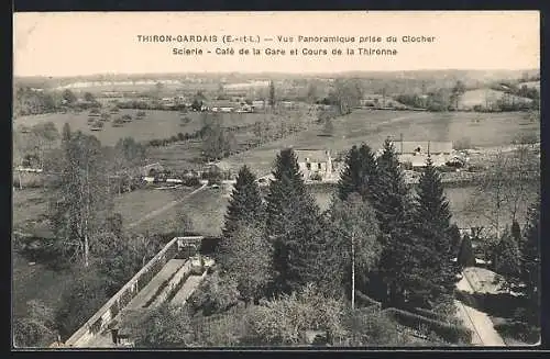 AK Thiron-Gardais, Vue panoramique prise du Clocher avec Scierie, Café de la Gare et Cours de la Thironne